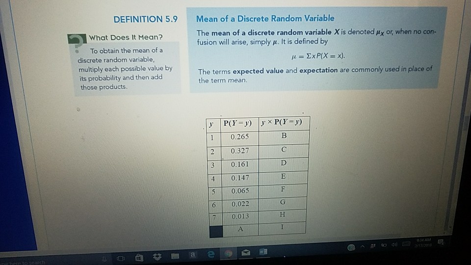 Solved DEFINITION 5.9 Mean of a Discrete Random Variable The | Chegg.com