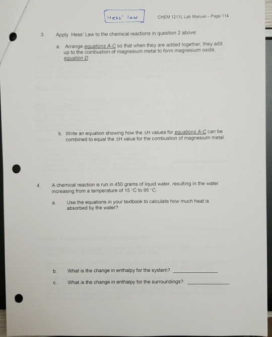 Solved CHEM 1211L Lab ManualPage 113 Hess' Law PreLab