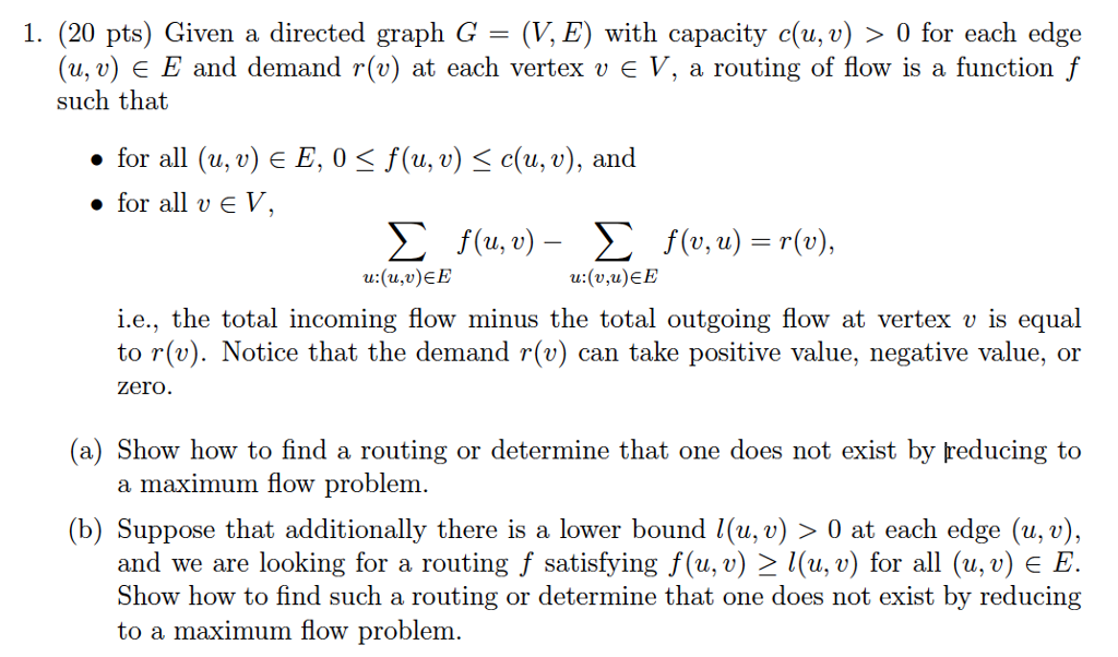 Solved I. (20 pts) Given a directed graph G = (V. E) with | Chegg.com