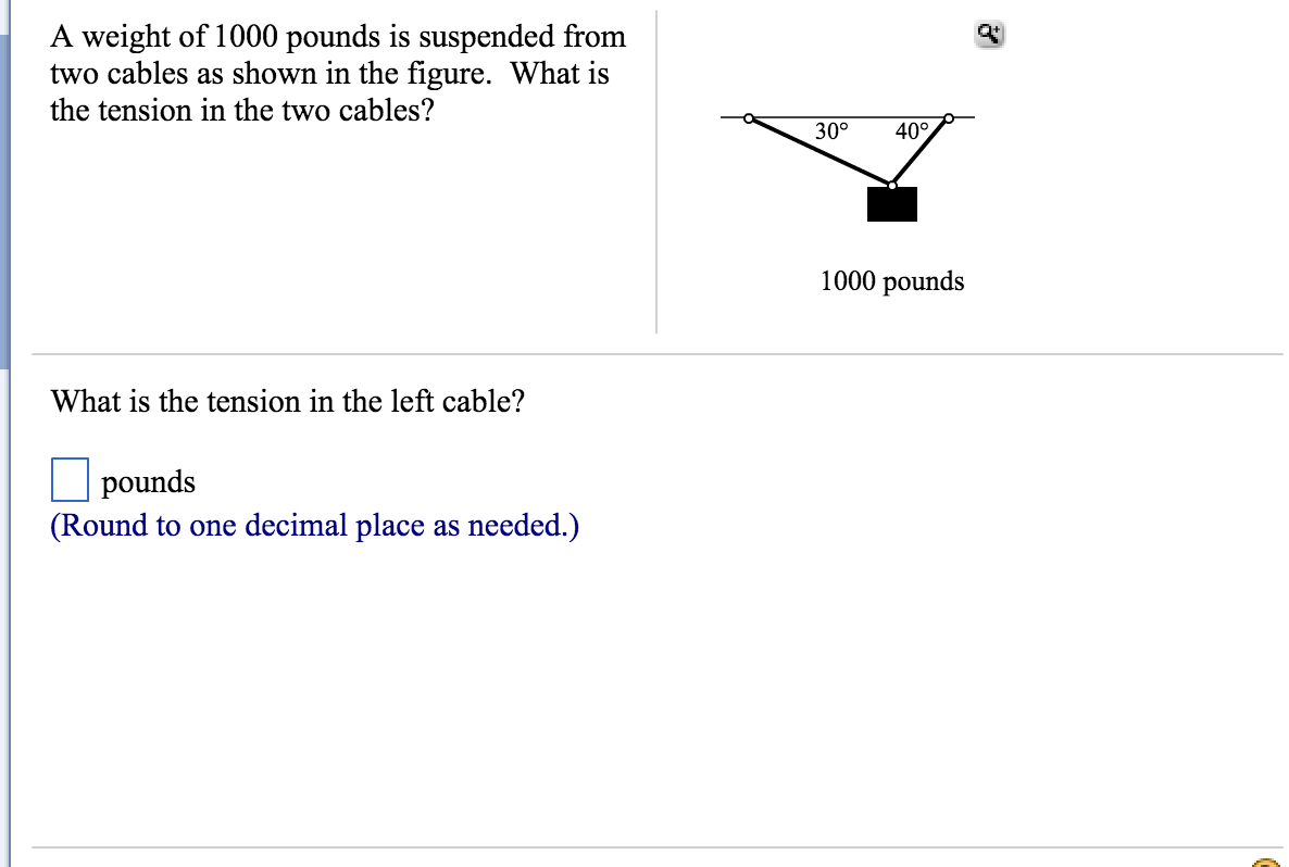 Solved A weight of 1000 pounds is suspended from two cables