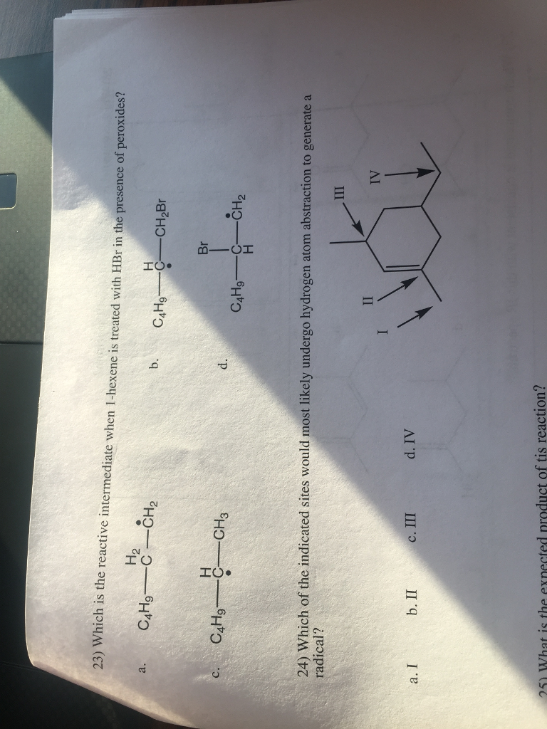 Solved 23) Which is the reactive intermediate when 1-hexene | Chegg.com