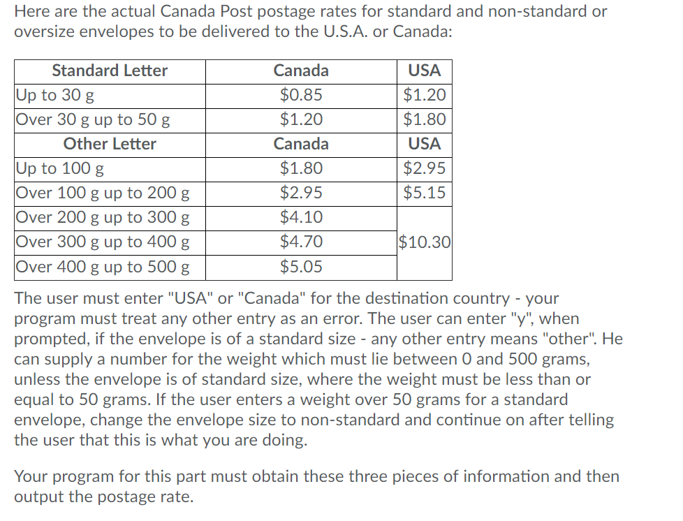 Solved Here are the actual Canada Post postage rates for