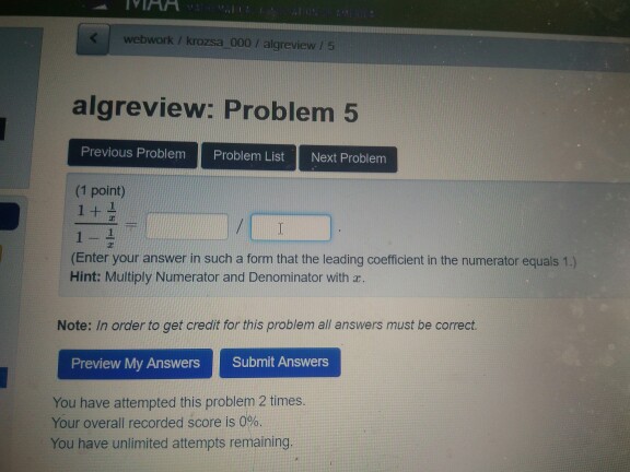 Solved webwork / krozsa 000 / algreview 5 algreview: Problem | Chegg.com