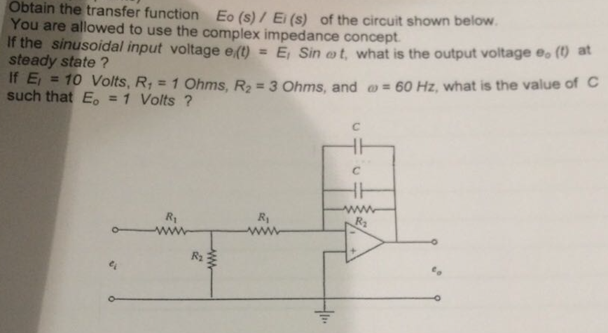 Solved Obtain the transfer function Eo(s)/Ei(s) of the | Chegg.com