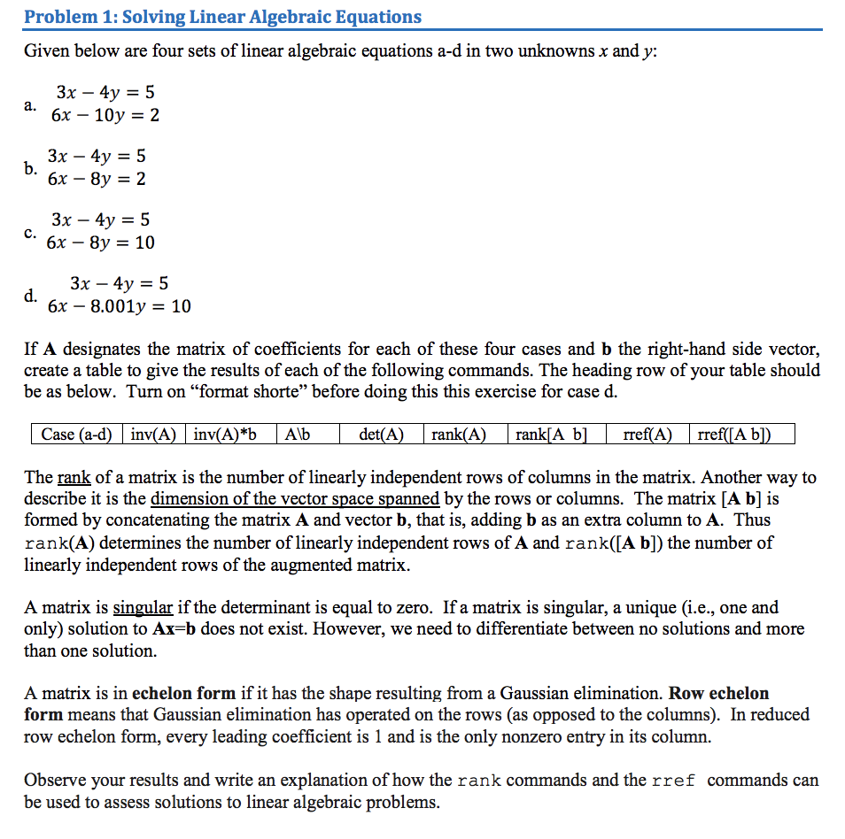 Problem 1: Solving Linear Algebraic Equations Given | Chegg.com