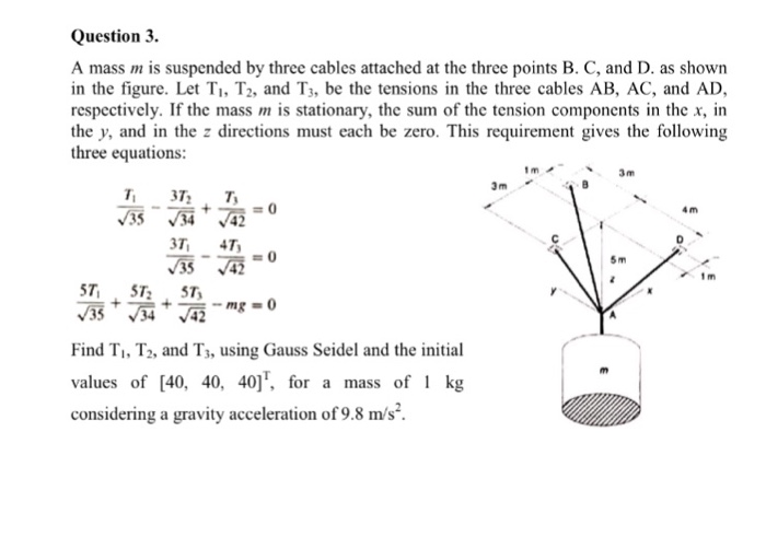 Solved Question 3 A Mass M Is Suspended By Three Cables