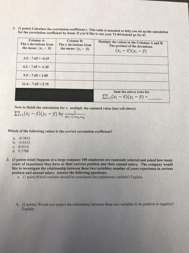 2. (I point) Calculate the correlation coefficient r. | Chegg.com
