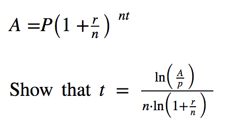 Solved A = P (1 + R/n)^nt Show That T = 1n (A/P)/n Middot | Chegg.com