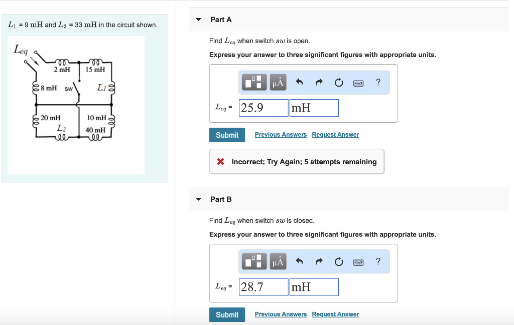 Solved Part A L1 9 mH and L2 33 mH in the circuit shown Leq | Chegg.com