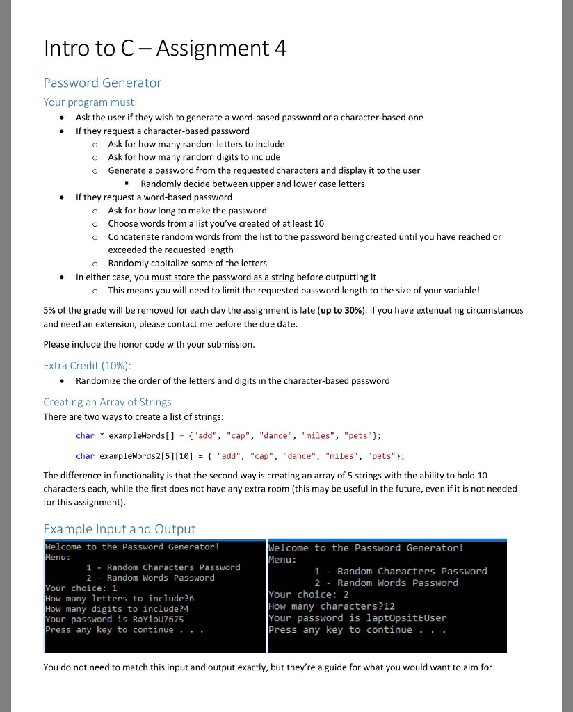 Solved Intro to C- Assignment - Password Generator Your | Chegg.com