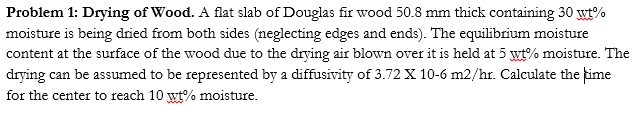 Solved Problem 1: Drying of Wood. A flat slab of Douglas fir | Chegg.com