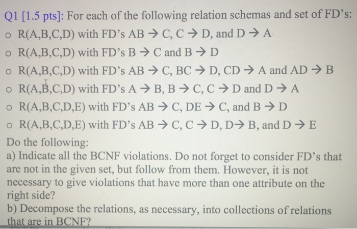 Solved For Each Of The Following Relation Schemas And Set Of | Chegg.com