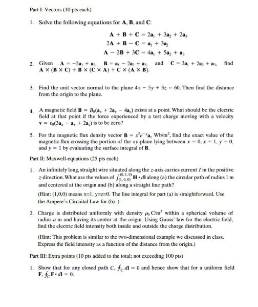 Solved Part I Vectors (10 pts each) . Solve the following | Chegg.com