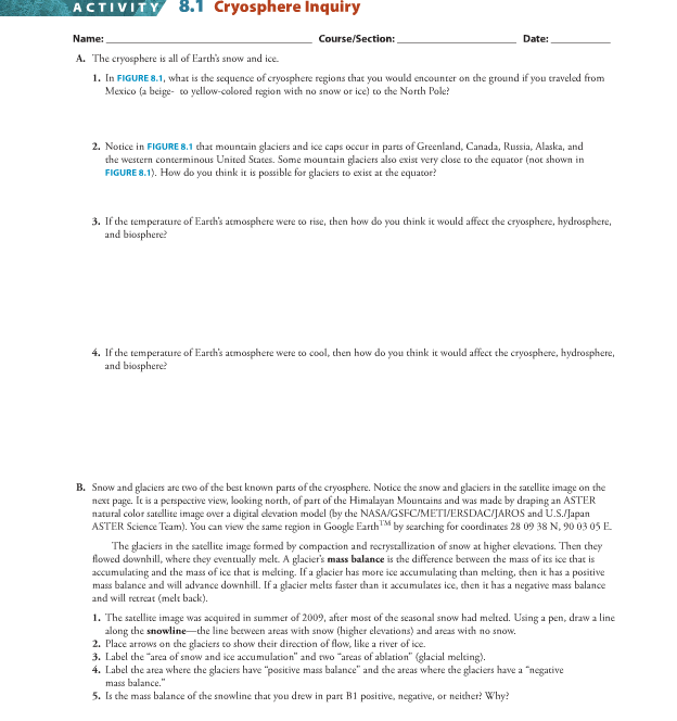 Solved ACTIVITY 8.1 Cryosphere Inquiry Name: Course/Section: | Chegg.com