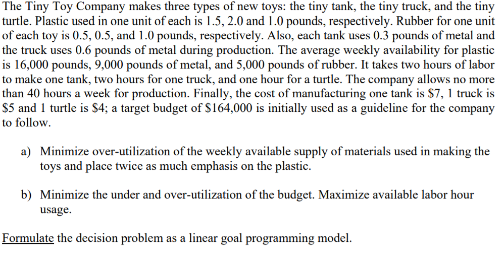 Solved The Tiny Toy Company Makes Three Types Of New Toys Chegg