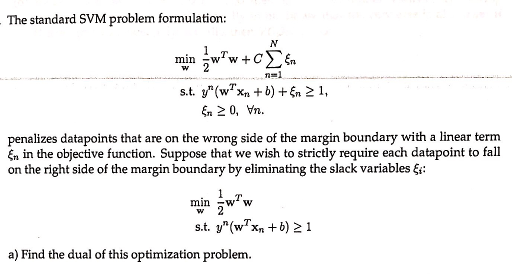 The standard svm problem formulation n 2 0 vn chegg