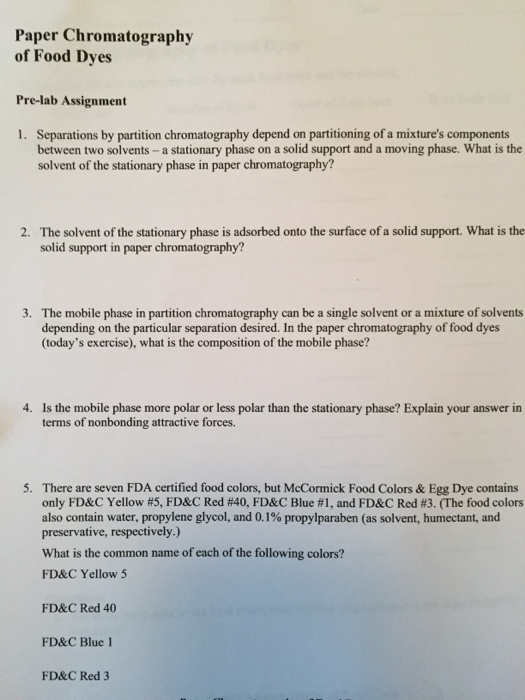 Solved Paper Chromatography of Food Dyes Prelab Assignment