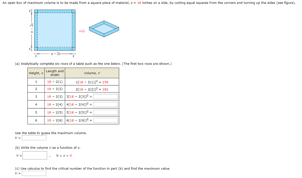 Solved An open box of maximum volume is to be made from a | Chegg.com