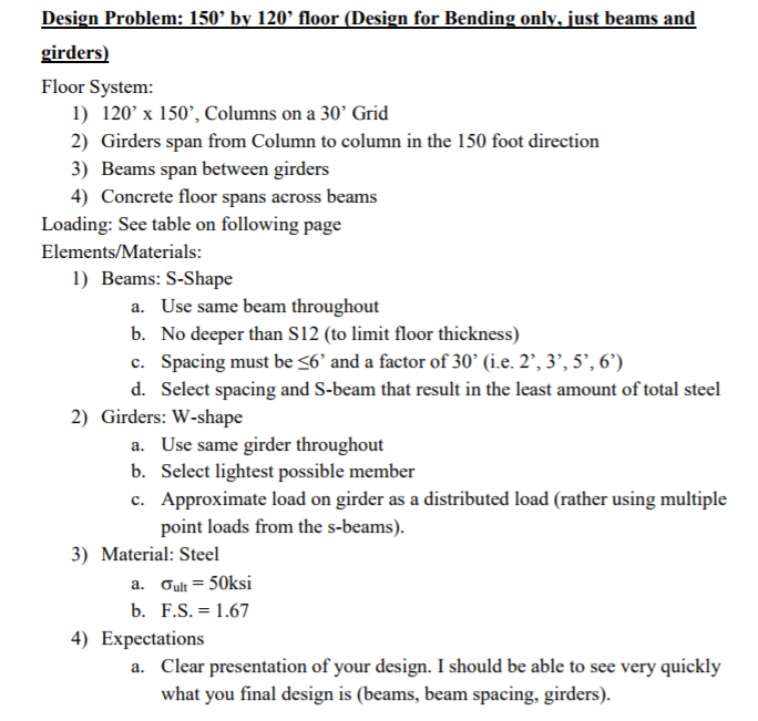 Design Problem: 150 by 120' floor (Design for Bending | Chegg.com