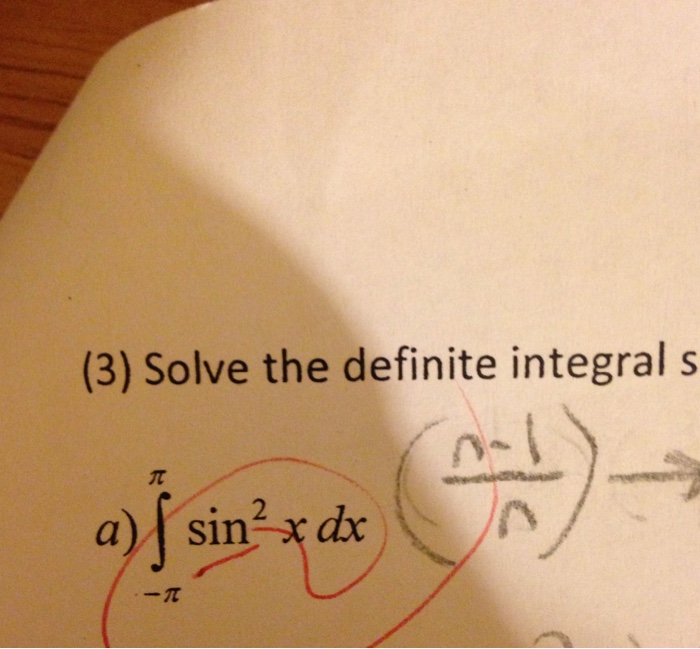 Solved Solve the definite integral integral_pi^pi sin^2 x