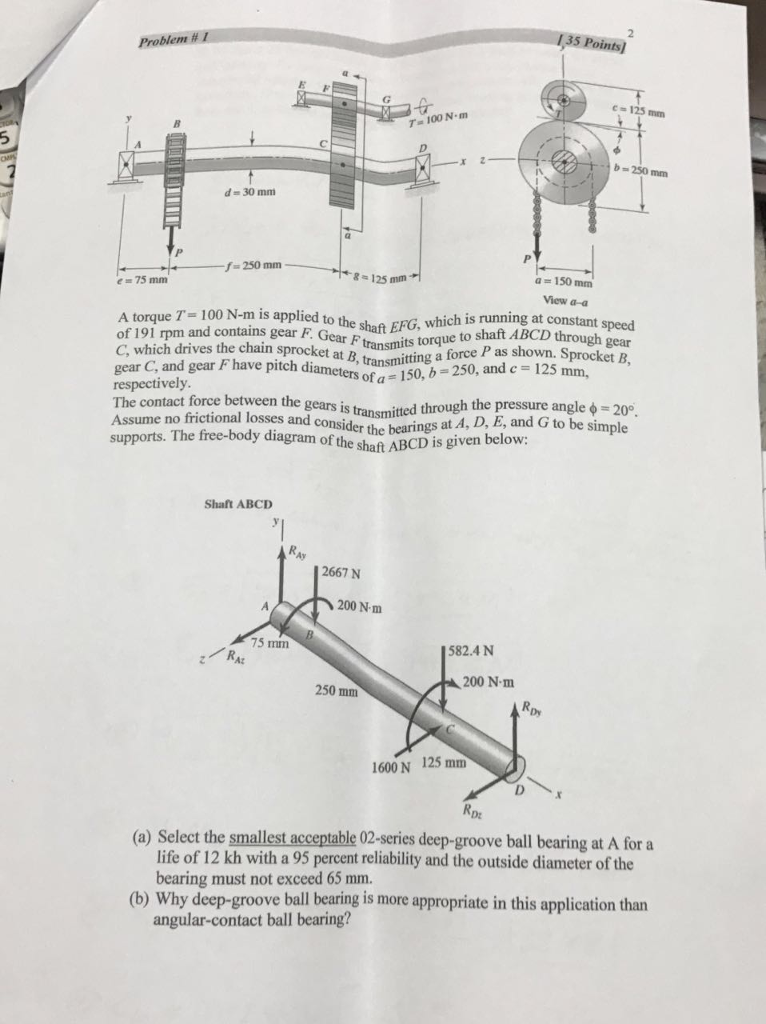 A torque T = 100 Nm is applied to the shaft EFG,