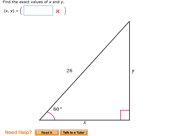 Solved Find the exact values of x and y (x, y) = 26 60 ° | Chegg.com