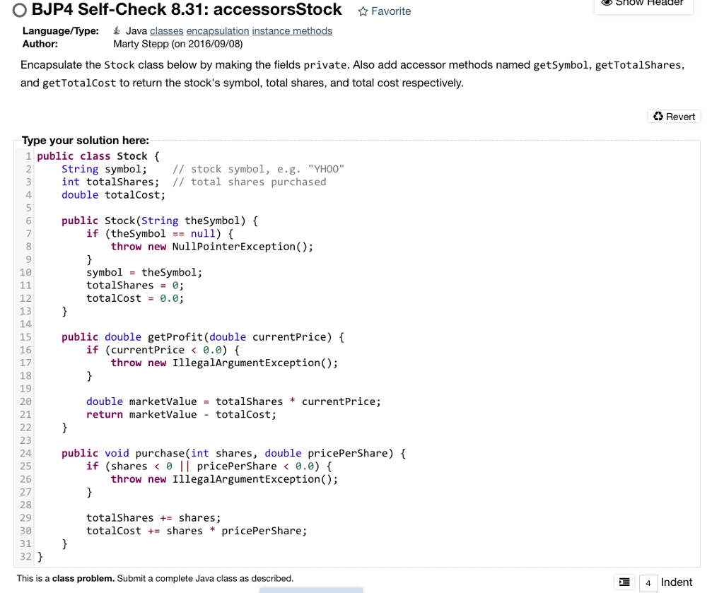 Solved Encapsulate the Stock class below by making the | Chegg.com