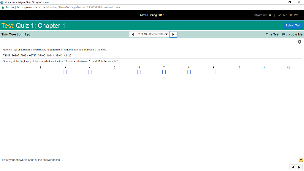 Solved Use the row of numbers shown below to generate 12 Chegg