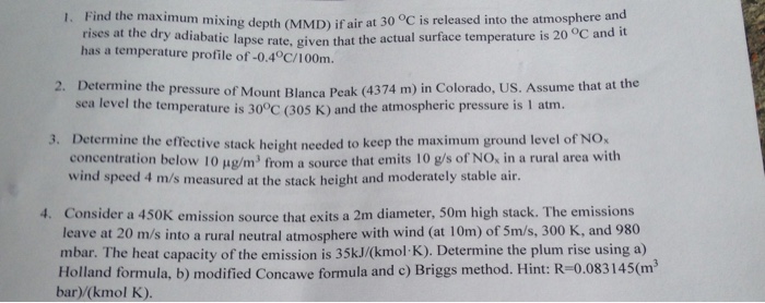 Solved Find the maximum mixing depth (MMD) if air at 30 | Chegg.com