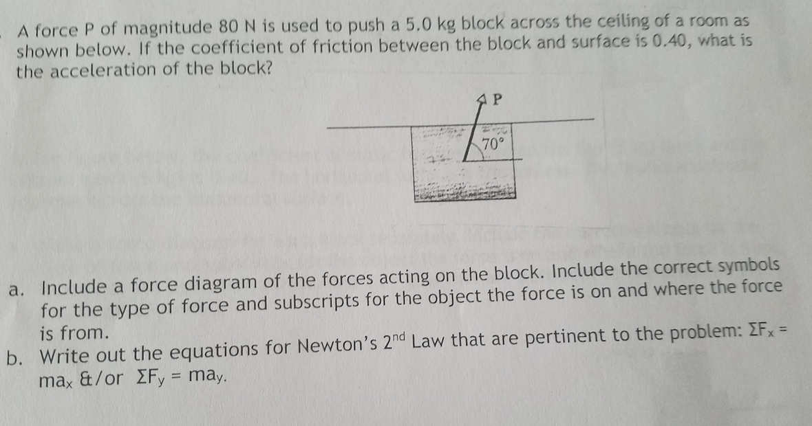 Solved A force P of magnitude 80 N is used to push a 5.0 kg
