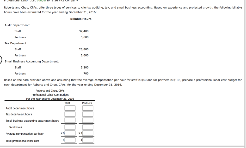 Solved Professional Labor Cost budget or Service Company | Chegg.com