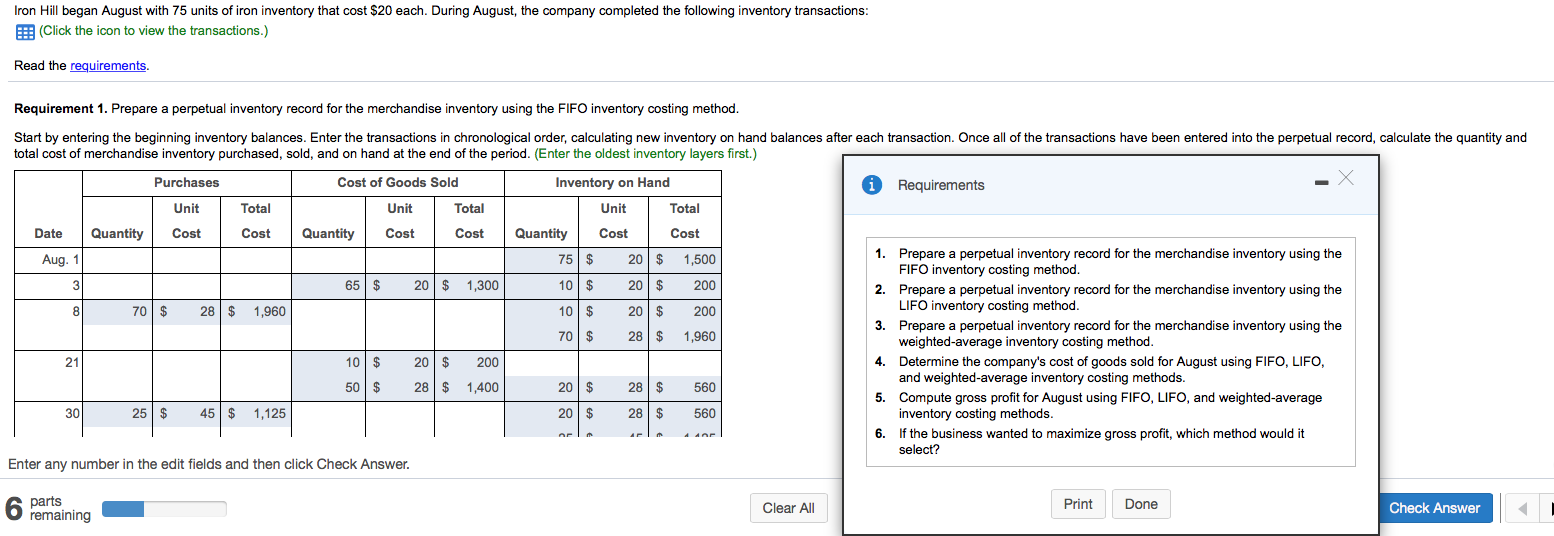 Iron Hill began August with 75 units of iron