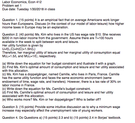 Solved Labor Economics, Econ 412 Problem set 1 Due date