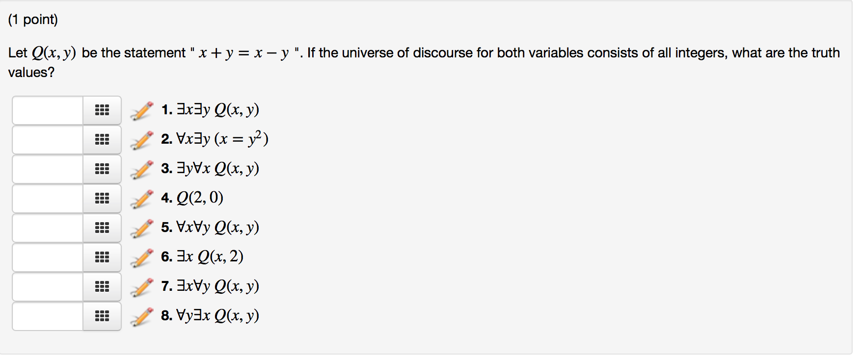Solved Let Q(x, y) be the statement" x + y = x - y". If the | Chegg.com