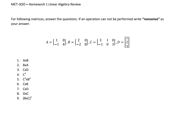Solved Met 300 Homework 1 Linear Algebra Review For Chegg Solved Met 300 Homework 1 Linear Algebra Review For Chegg