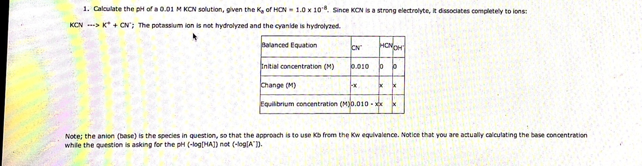 Solved Calculate The Ph Of A 0 01 M Kcn Solution Given T Chegg Com