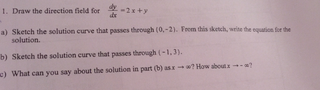 Solved Draw the direction field for dy/dx =2x+y Sketch the | Chegg.com