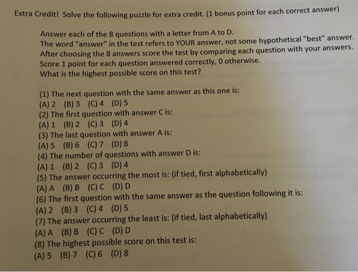 Solved Answer each of the 8 questions with a letter from A | Chegg.com