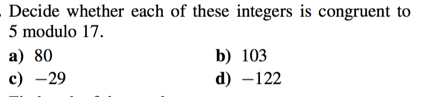 Solved Decide whether each of these integers is congruent to | Chegg.com