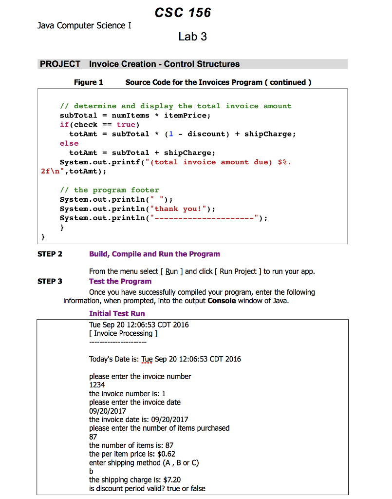 Solved CSC 156 Java Computer Science I Lab 3 PROJECT Invoice | Chegg.com