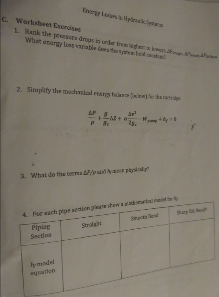 Solved Energy Losses Hydraulic in Systems C. Worksheet