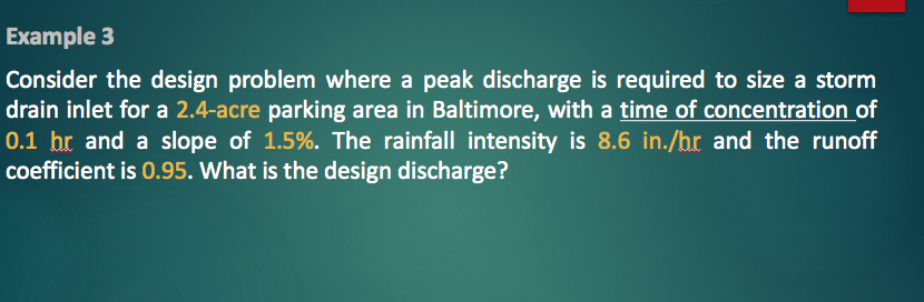Solved Consider the design problem where a peak discharge is | Chegg.com