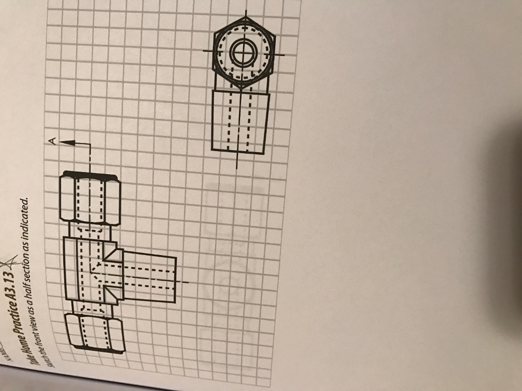 Sketch the front view as a half section as indicated. | Chegg.com