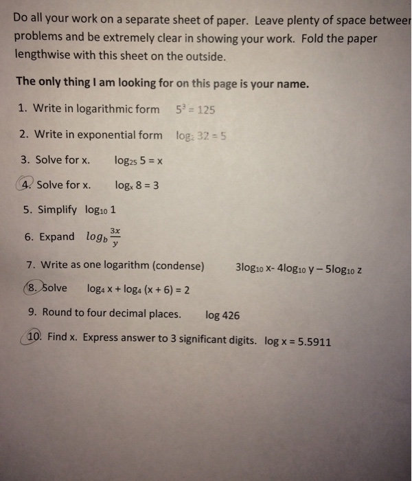 Solved Do all your work on a separate sheet of paper. Leave | Chegg.com