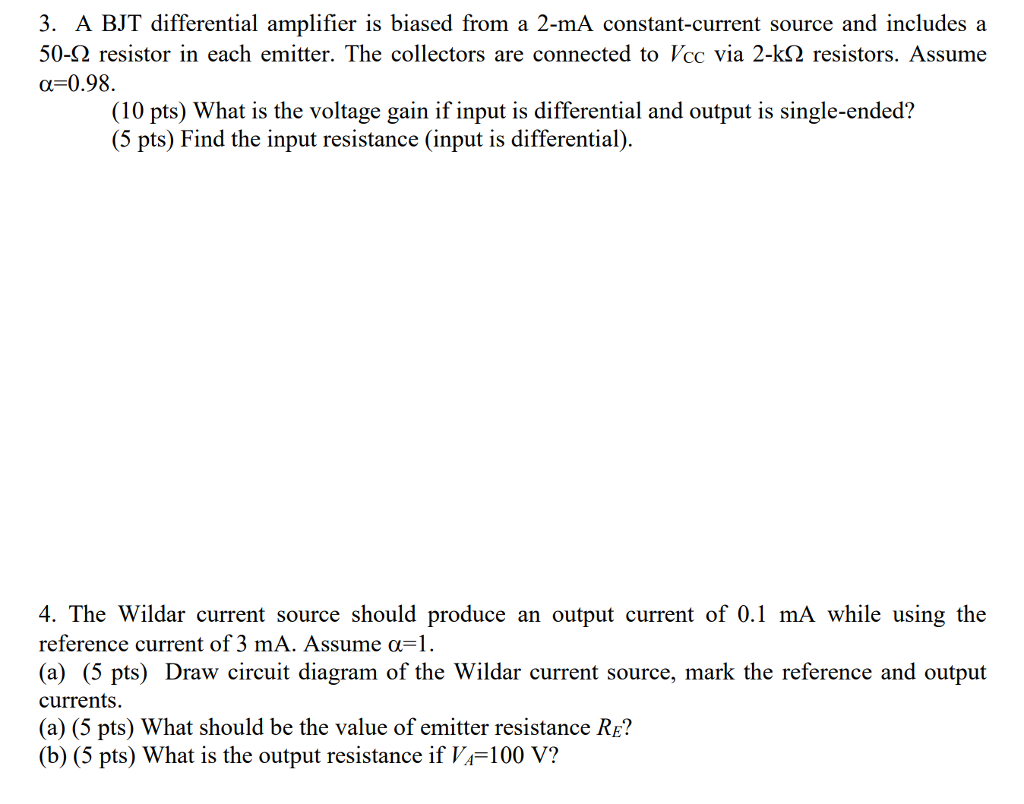 Solved 3. A BJT differential amplifier is biased from a 2-ma | Chegg.com