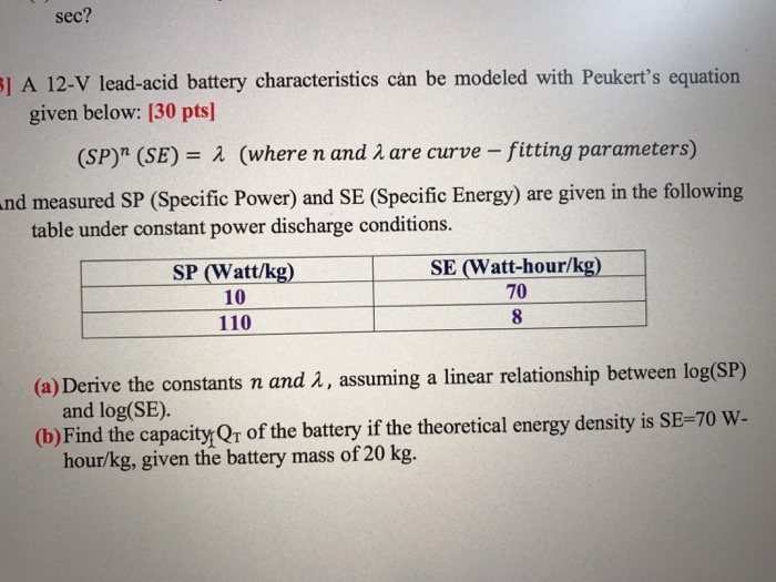 Solved A 12V leadacid battery characteristics can be