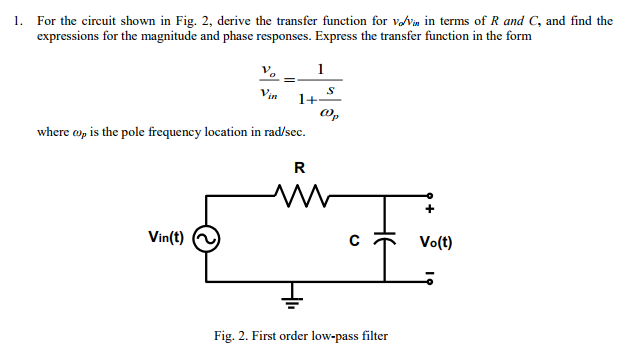 Solved For the circuit shown in Fig. 2, derive the transfer | Chegg.com