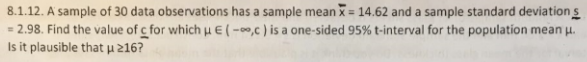 Solved 8.1.12. A sample of 30 data observations has a sample | Chegg.com