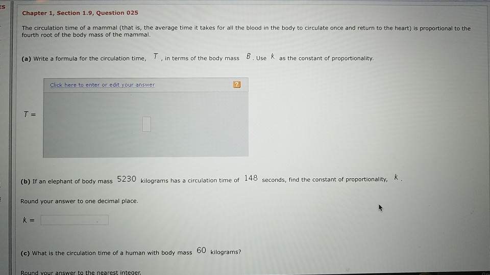 Solved The circulation time of a mammal (that is, the | Chegg.com