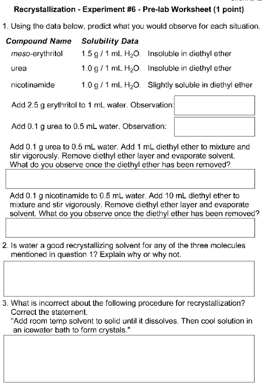 Solved Recrystallization Pre-Lab Worksheet, I Don't | Chegg.com